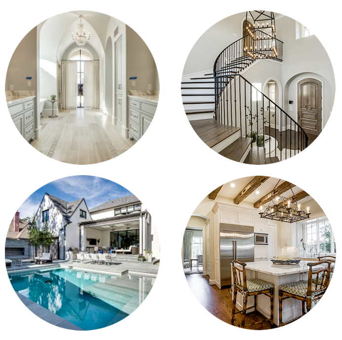 hawkins welwood homes group of four photos encapsulated in circles showing exterior and interior photos of luxury homes at the metairie french